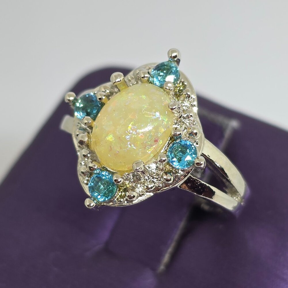 Faux Oval Opal Solitaire Blue Crystal Accent Silver Fashion Ring Size 5.75